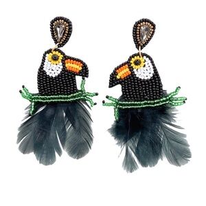 Toucan Beaded Earrings with Feathers